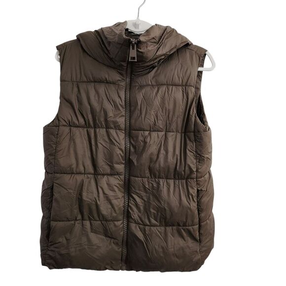 Zara Puffer Vest Womens Large Brown Quilted Jacket Full Zip Hooded Pockets Nylon - Picture 1 of 8
